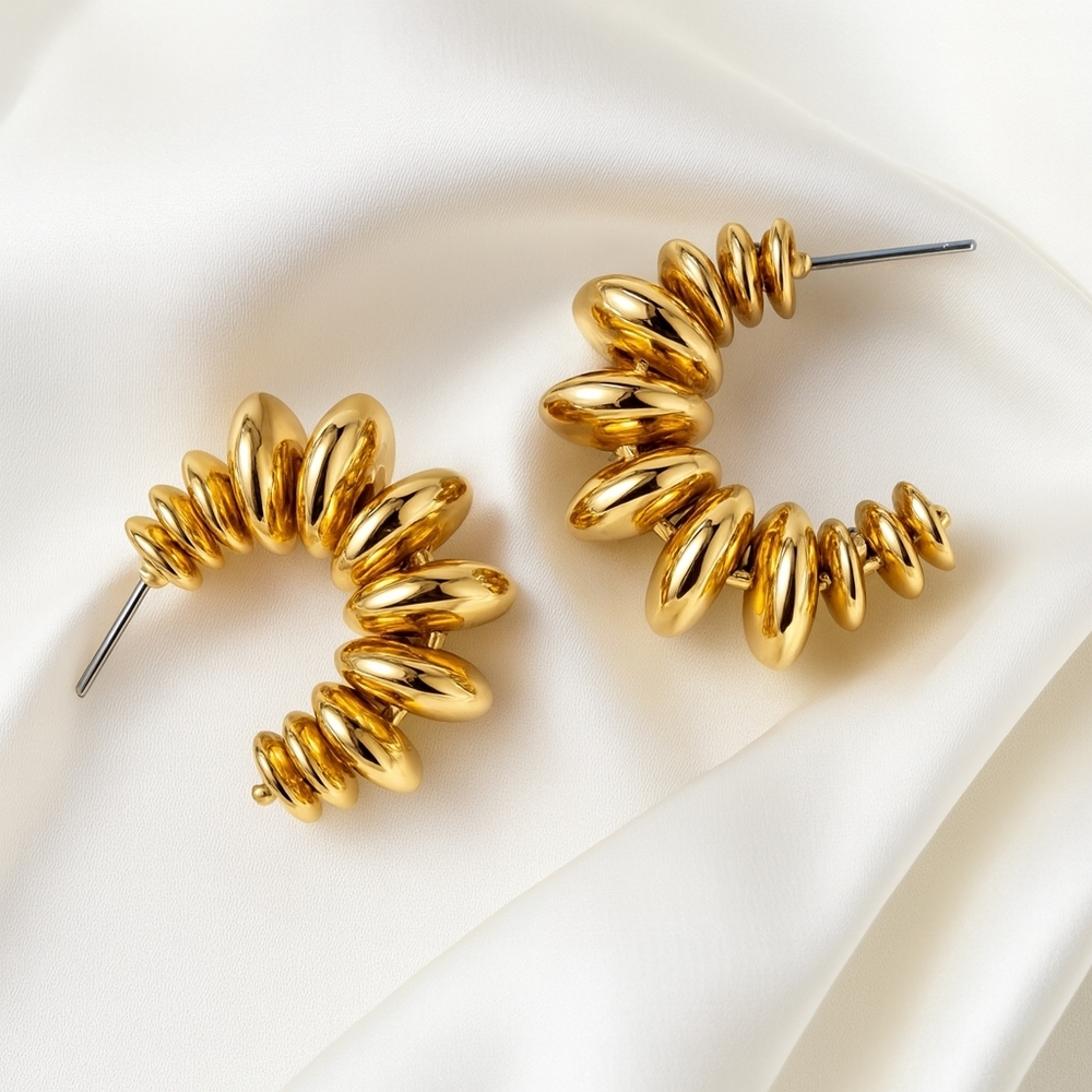 Gold Beaded Half-Hoop Spiral Earrings – Chic Statement Women's Fashion Jewelry